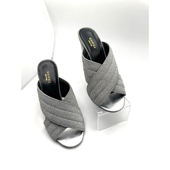 GUCCI Glitter Fabric Webby Crossover High Heel Slide Sandals in Argento 38.5 - Picture 8 of 14